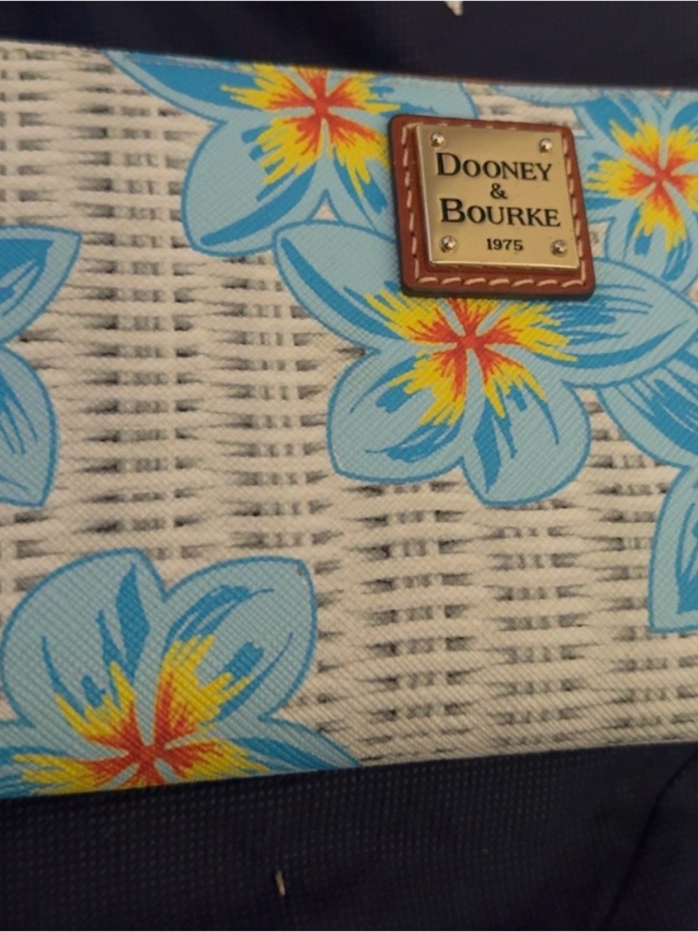 Dooney & Bourke Light Blue Floral Tote with Yellow and Red Accents